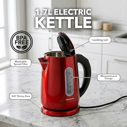 OVENTE 1.7L Electric Kettle with Temperature Control, 1100W, Red KS58R | Stainless Steel Water Boiler and Heater, Keep Warm Function, Auto Shut-Off