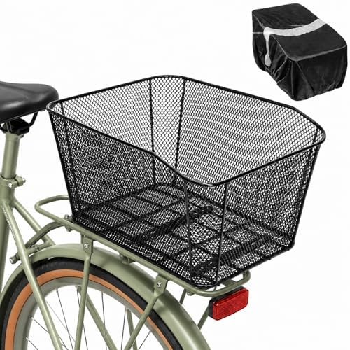 Rear Bike Basket with Rain Cover, Heavy-Duty Wire Cargo Rack | Suits most bicycles, ideal for commuting & shopping, easy mount