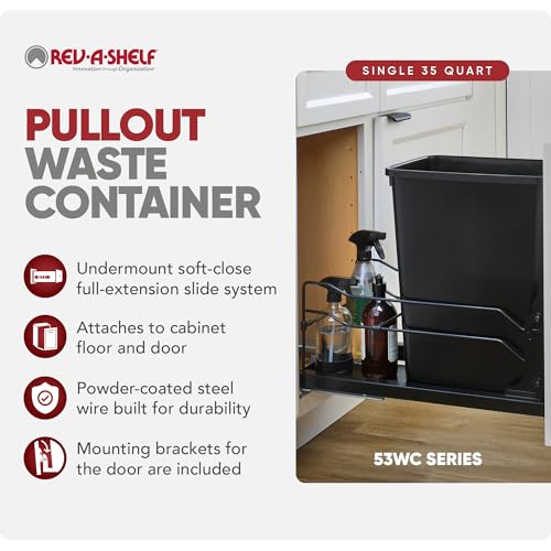 Rev-A-Shelf 35 Qt Pull Out Trash Can with Soft Close for Under Kitchen Cabinets, Min Opening Width of 11.5", Metallic Silver, 53WC-1535SCDM-117