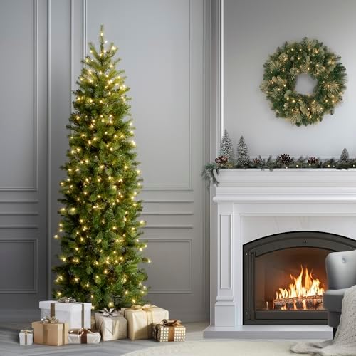 National Tree Company 7.5ft Pre-Lit Downswept Douglas Fir Christmas Tree | Slim, 350 Clear Lights, 796 Tips, Includes Stand, Green