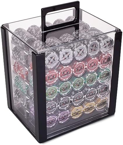 Brybelly Poker Chips 1000 Chips Set with Acrylic Case - Heavyweight 14g Poker Chips Set with 10 Removable Trays and 11" x 12" x 15" Portable Case