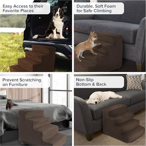 3-Step Pet Stairs - Nonslip Foam Dog and Cat Steps with Removable Zippered Microfiber Cover - 2-Tone Design for Home or Vehicle Use by PETMAKER (Tan) | 3-Step Pet Steps for High Bed and Couch - Pet Stairs with Nonslip Bottom, High-Density Foam, and Remov…