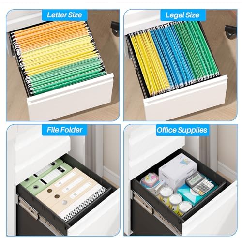 3-Drawer Mobile Steel Filing Cabinet with Lock, Fully Assembled Under Desk File Cabinet for Letter/Legal/A4 Size, Heavy Duty Storage Organizer for Home Office