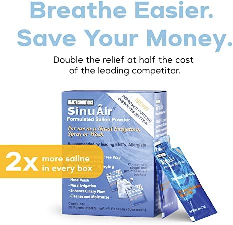SinuAir Sinus Rinse Salt Solution - Saline Powder for SinuPulse System, Neti Pot Flush, Nasal Wash Squeeze Bottle, & Nose Irrigation, Enhanced Formulation & Cleaning for Sinuses, 180 Packets