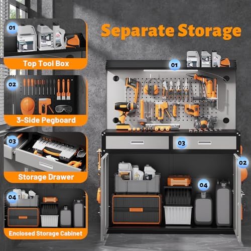 65" Heavy Duty Garage Workbench with Storage Drawers & Pegboard, 2000lbs Capacity Metal Work Bench with Lockable Magnetic Cabinets