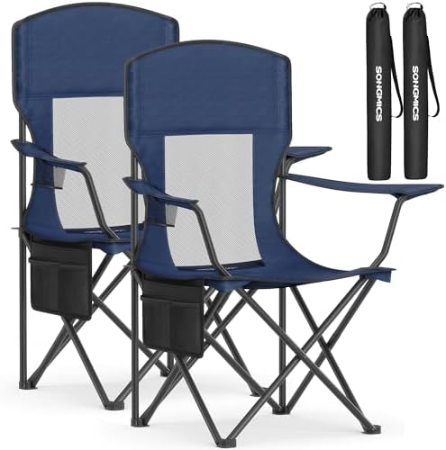 SONGMICS Camping Chair, Folding Oversized Chair, Comfortable and Heavy-Duty, 352 lb Weight Capacity, Adjustable Armrests with Cooler Bag, Storage Bag, Breathable Mesh, Bijou Blue UGCB060Q01