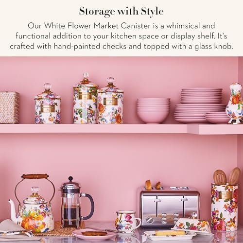 MACKENZIE-CHILDS Enamel Canister, Large, White Butterfly Garden | Hand-applied design, made from enameled steel, versatile kitchen storage container for flour and sugar, 64-ounce capacity