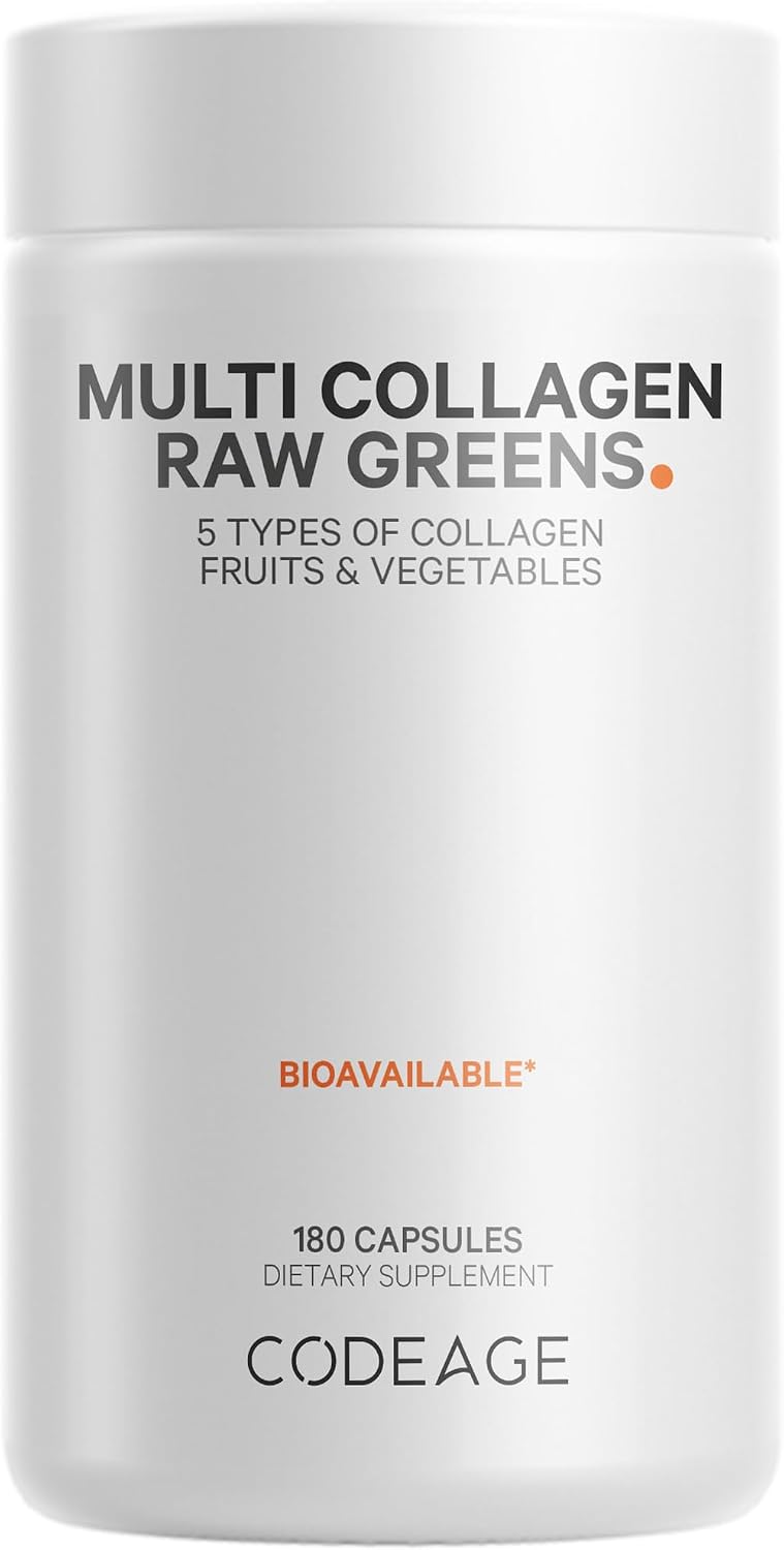 Codeage Multi Collagen Protein + Organic Raw Greens Superfood Capsules Supplement, 21 Fruits & Veggies, Grass-Fed Hydrolyzed Collagen Peptides