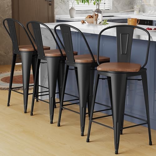 Alunaune 24" Swivel Metal Bar Stools Set of 4 High Back Counter Height Barstools Industrial Dining Bar Chairs with Large Wooden Seat-Matte Black