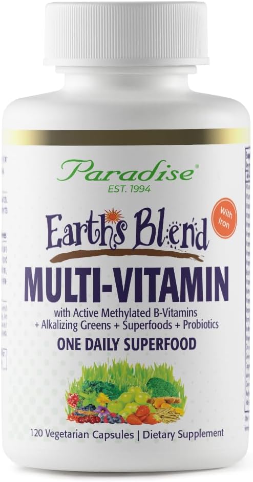 Paradise Herbs & Essentials Once Daily Multivitamin Iron 60 Capsules | Organic superfoods, probiotics, and vitamins A, B12, C, D, K2 in a dietary supplement for immune and bone support.