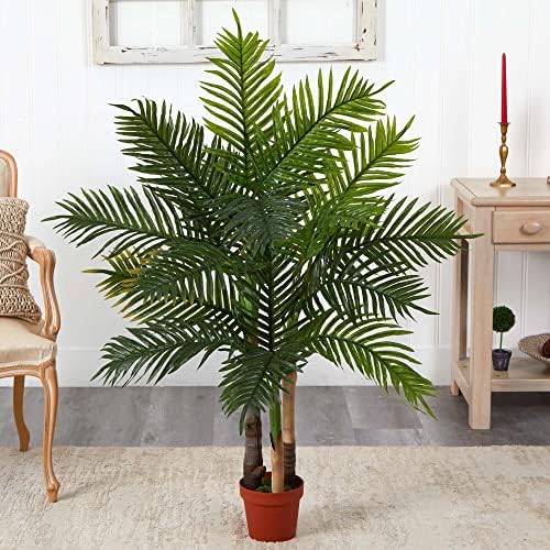 Nearly Natural 4 ft Artificial Areca Palm Tree Real Touch Decor with Pot | Natural-Looking Trunks, 130 Lifelike Leaves, Non-Decorative Nursery Pot