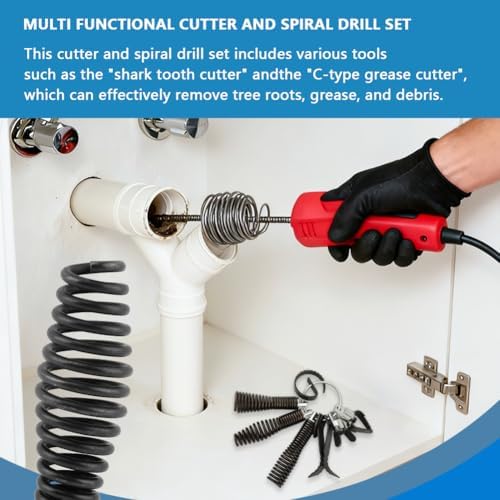 8-Piece Drain-Snake Drill Attachments for 1-4" Pipes, Cutter and Auger Set Compatible with 50FT-100FT Electric Drain-Snake Cable