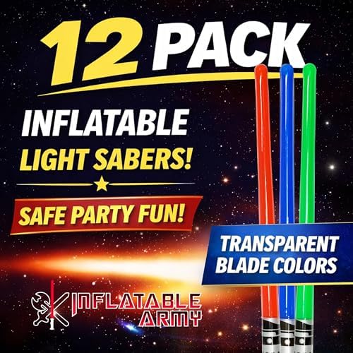 Inflatable Army 12 Inflatable Light Saber Sword Toys - 4 Green, 4 Red 4 Blue Lightsabers - Party Favor, Halloween Costume, Treats