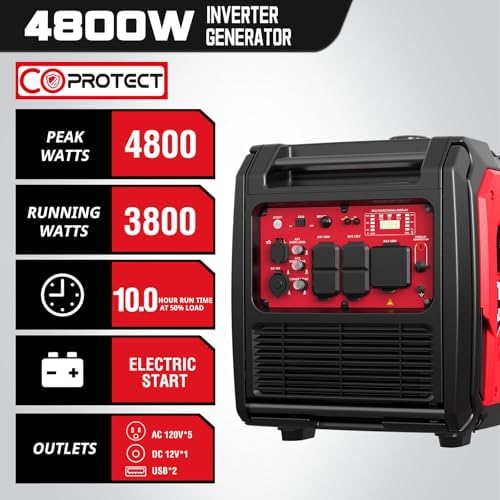 PowerSmart 4800W Portable Inverter Generator,Parallel Ready&Electric Start Super Quite Gas Powered,RV Ready with 30A Outlet, EPA & CARB Compliant for Home Backup, Camping,Portable Power Station