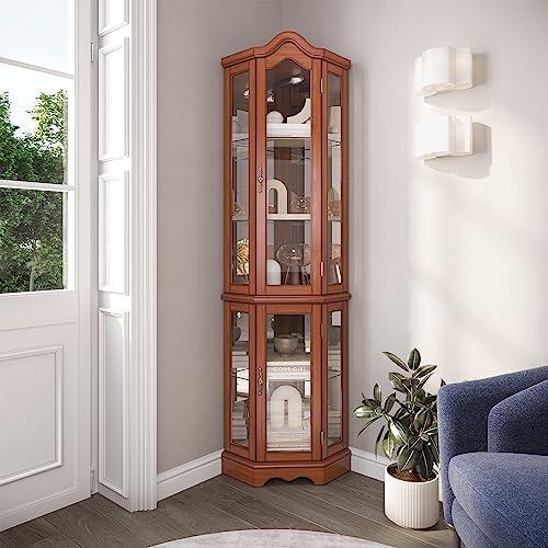 BELLEZE Lighted Corner Display Curved Top Curio Cabinet Wooden Shelving Unit with Tempered Glass Door