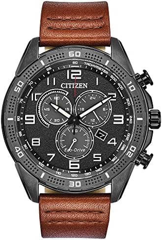 Citizen Men's Eco-Drive Weekender Chronograph Watch in Black IP Stainless Steel with Brown Leather Strap, Black Dial (Model: AT2447-01E)