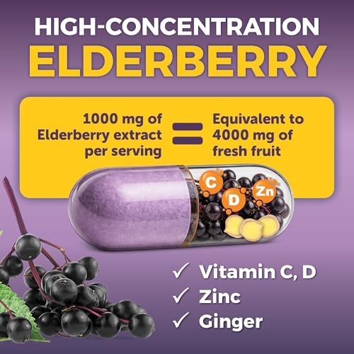 Viva Naturals Elderberry with Vitamin C and Zinc for Adults - 5 in 1 Sambucus Black Elderberry Capsules with Vitamin D3 5000 IU Immunity Supplement