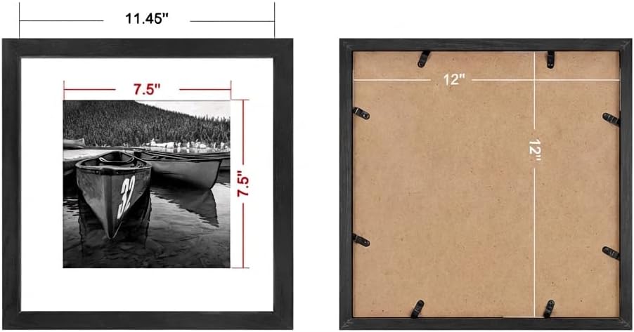 12x12 Picture Frame Matted to Fit Photos 8x8 or 12 x 12 Pictures Without Mat, 12 by 12 Square Solid Wood Black Picture Frames for Wall Mounting