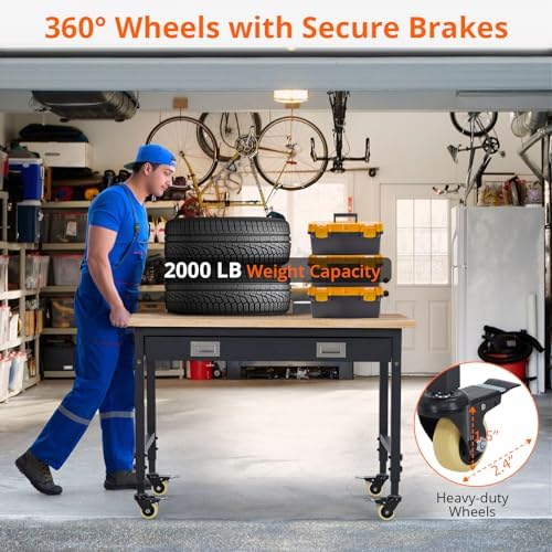 48’’x24’’ Adjustable Workbench,Workbench with Drawers,Darage Workbench with Pegboard,2000 LB Load Capacity,4 Rolling Casters, Power Outlets, Metal Frame,for Garage, Workshop, Home, Office