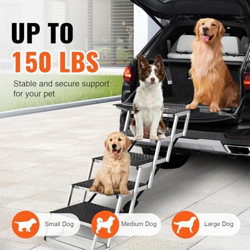 VEVOR 4-Step Dog Car Steps, Folding Dog Ramp with Nonslip Surface, Portable Pet Steps in Aluminum for Car, SUV and Truck, Supports up to 250 lbs