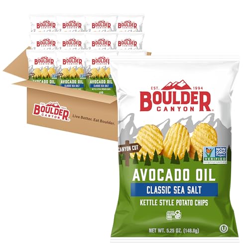 Boulder Canyon Classic Sea Salt Flavored Potato Chips, Made With Avocado Oil, Canyon Cut, Gluten Free, 5.25 Ounces (Pack Of 12)