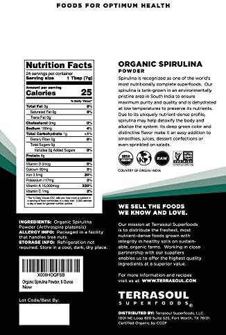 Terrasoul Superfoods Organic Spirulina Powder, 6 Oz, Vegan Protein, Green Superfood Boost for Smoothies, Detoxifying Elixirs, and Immune Support