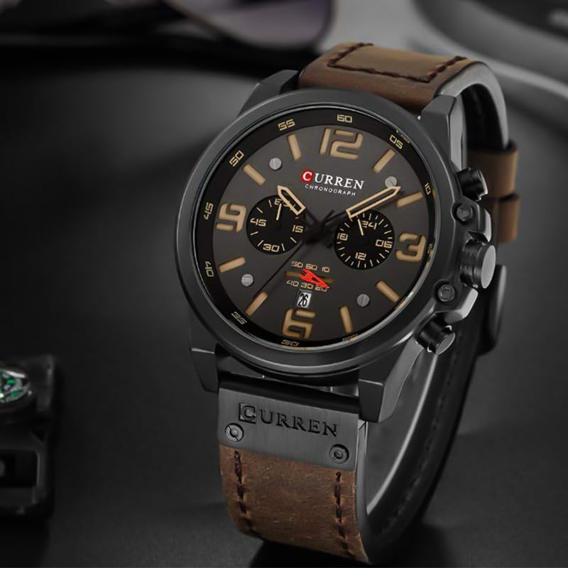 FANMIS Mens Classic Analog Quartz Chronograph Sandwich Dial Leather Watch