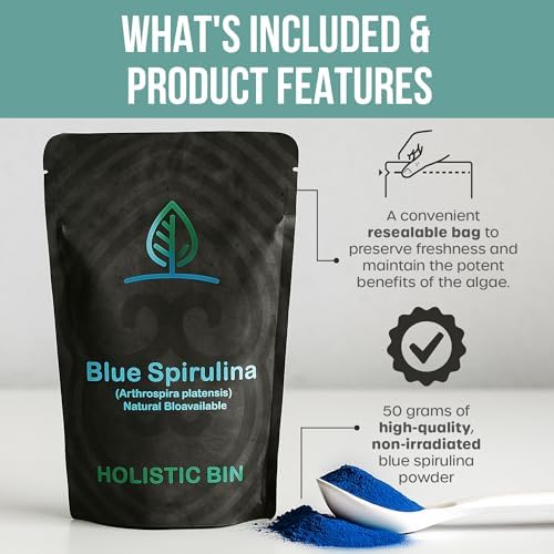 HOLISTIC BIN Blue Spirulina Powder - Organic Blue-Green Algae Supplement, Rich Source of Vegan Protein, Vitamins, & Phytonutrients