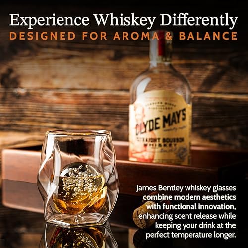 JAMES BENTLEY JB Whiskey Glasses, Set of 2 + 2 Slow-Melting Ice Ball Molds | Hand-blown insulated 6oz double-wall borosilicate glass, bourbon