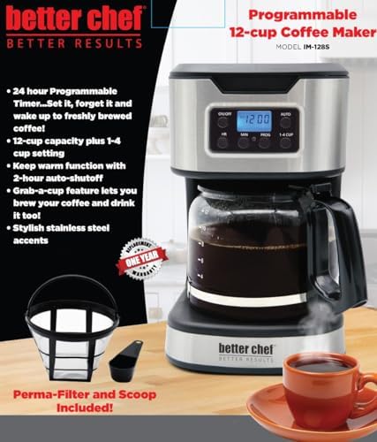 Better Chef Programmable 12-Cup Coffee Maker | 1-4 Cup Setting | Auto-Pause to Serve | 2hr Keep Warm | Perma-Filter | Stainless (Red)