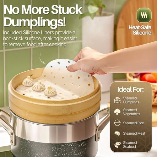 Flexzion Bamboo Steamer Basket Set (8 inch), 50 x Steamer Liners and 2 Pairs of Chopsticks, Steam Baskets for DimSum Dumplings, Rice, Vegetables