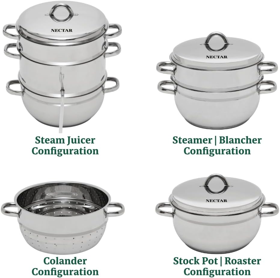 VINEYARD Deluxe Stainless Steel Steam Juicer & Roaster Set - Induction Friendly, Tempered Glass Lid, Cool-Touch Handles, 8 Quart Capacity