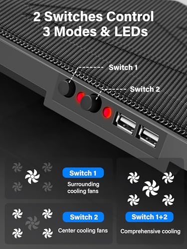 Kootek Laptop Cooling Pad Cooler Stand with 5 Quiet Fans for 12"-17" Laptop | 5 Fans, USB Powered, Laptop Cooling Stand with 2 USB Hub, 6 Adjustable Height, 360° Cooling Coverage, Anti-Slip, Blue LED