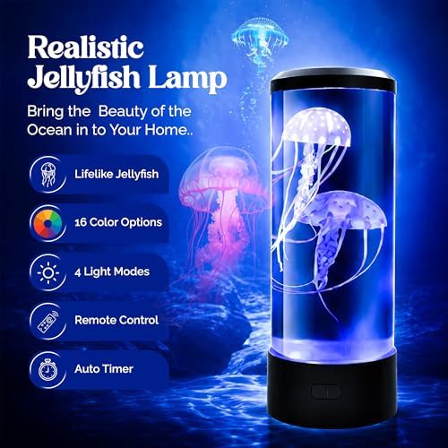 Brewish Jellyfish Lamp, 16 Color Options, 4 Mode Lifelike Jellyfish Aquarium, Electric Jellyfish LED Night Light, Fake Aquarium, Home Decor