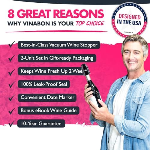 VINABON Vacuum Wine Stopper Set [Pack of 2] - Updated 2026 Preserves Freshness and Flavor for 15 Days. Improved One Pump Button Design