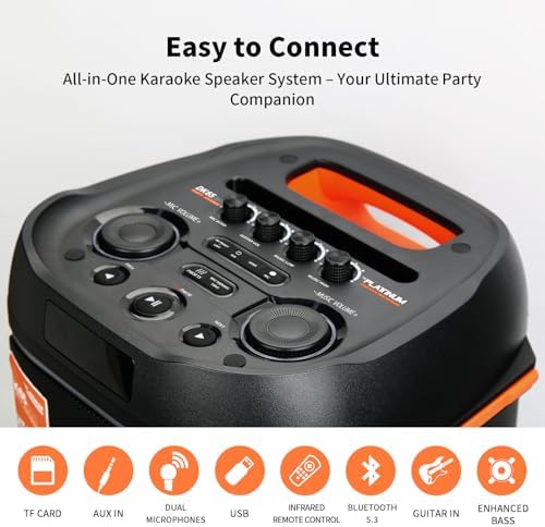The platiunm DK65 Party Speaker Karaoke Systems for Adults with 2 Wireless Microphone, Bass and Treble Adjustment, with LED Lights, 23K Songs