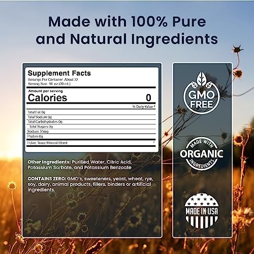 Liquid Chelated Minerals - Organic Humic Fulvic Mineral Blend - 72+ Plant-Based Minerals, 20 Essential Amino Acids - 100% Natural - 1 Month Supply