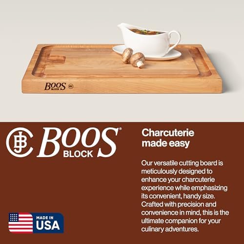 John Boos Aujus Series Rectangular Wooden Maple Cutting Board 20”x15” – 1.5” Thick, 12-lb Reversible Butcher Block with Sloped Juice Groove, Edge-Grain & Finger Grips – Made in the USA