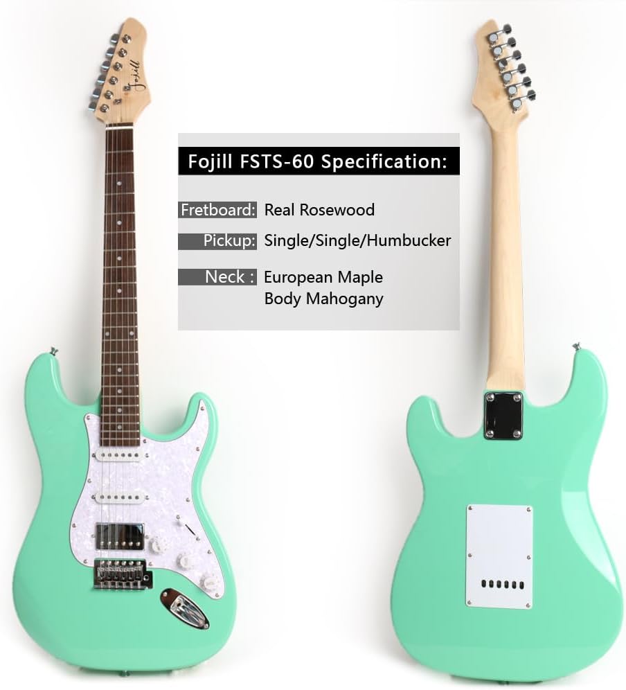Fojill HSS Pickup 39 Inch Full Size Electric Guitar Kit Set Beginner Starter Combo Package Bundle 10W Battery Power Bluetooth Amplifier Amp Bag, Picks