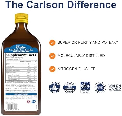 Carlson The Very Finest Fish Oil, 1600 mg, Omega-3s, 200 mL (6.7 Fl Oz) | Lemon; Liquid Fish Oil Supplement; Norwegian Fish Oil; Wild Caught; Sustainably Sourced Fish Oil Liquid