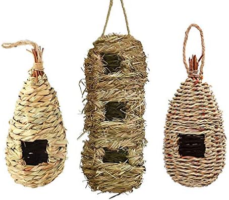 Hummingbird House, Pack of 3 Grass Bird Hut, Hand Woven Hanging Birdhouse Outside Roosting Pocket Nest for Hummingbird Wren Sparrow Wicker Finch Chickadee