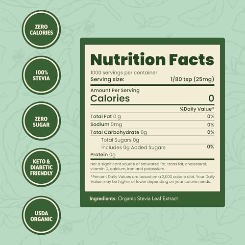 SweetLeaf Organic Pure Stevia Powder Shaker Jar, Sugar Free- 0.9 Oz, 1 Pack | Zero Calorie Sweetener No Erythritol, Stevia Leaf Extract, Natural Sugar Substitute for Coffee & Baking