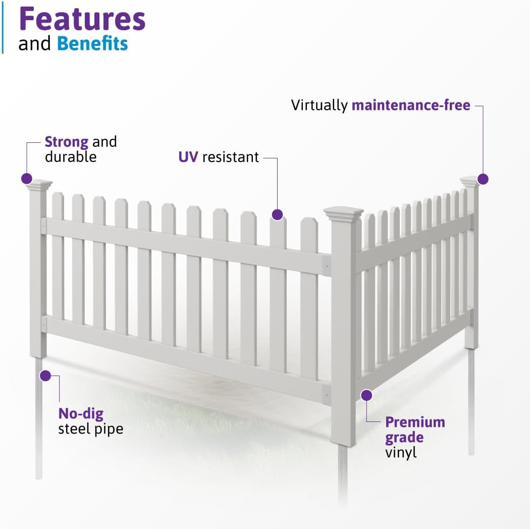 WamBam Newport Picket Fence, White Vinyl DIY No Dig Kit | 3ftH x 6ftW, 1 Panel + 1 Post, ZP19002