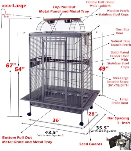 Large Double Ladders Open Play Top Wrought Iron Bird Parrot Parakeet Finch Macaw Cockatoo Cage, Include Seed Guard and Toy Hook (30.5''L x 29.5''W x 65''H, Black Vein)