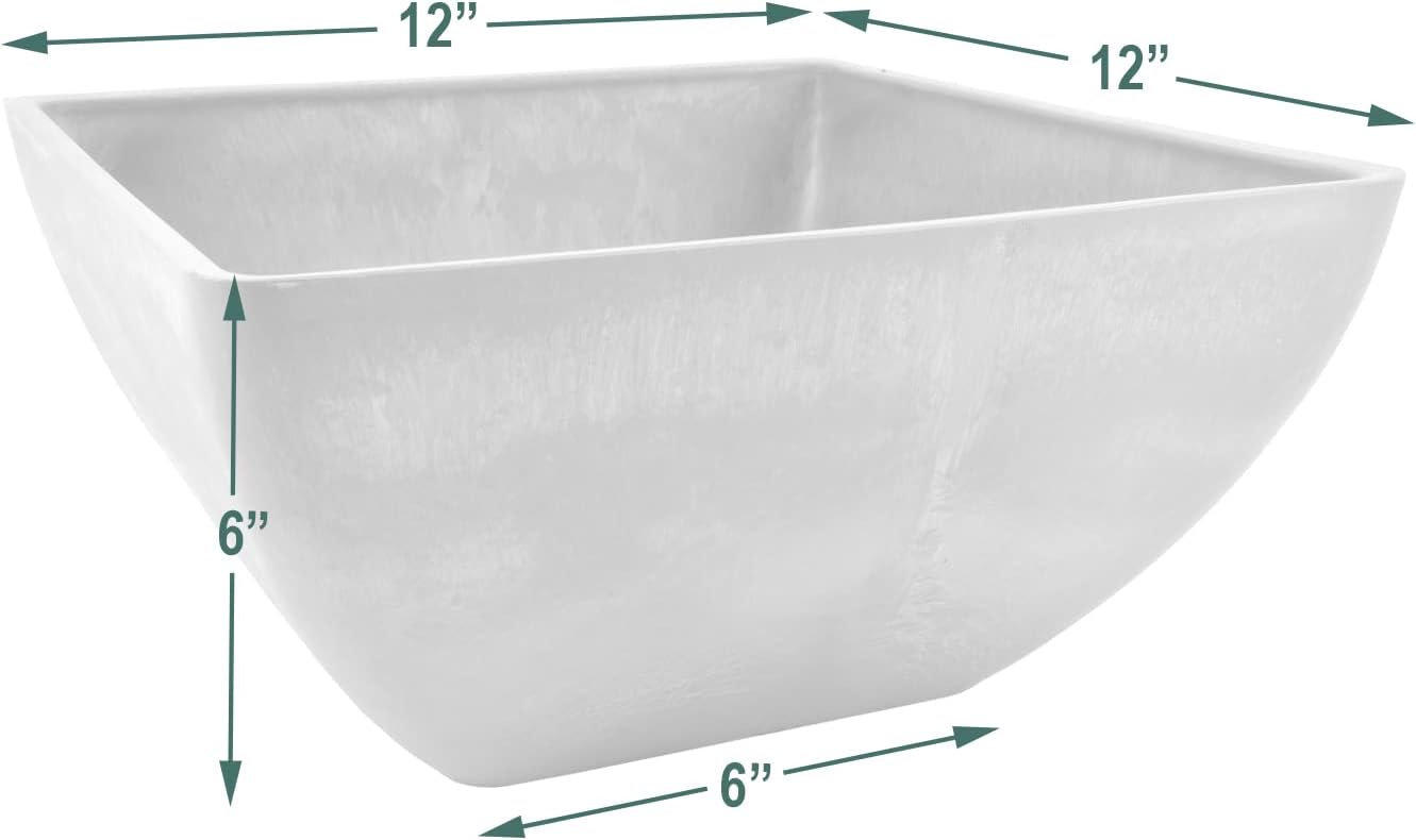 PSW Pot Collection 12x6 inch Plastic/Stone/Wood Composite Square Planter – No Drainage Hole (Drillable), Modern Indoor/Outer Pot for Flowers, Foliage, Succulents, Fairy Gardens, Dark Charcoal