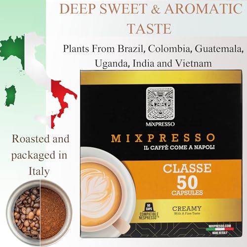 Mixpresso Classe Coffee Espresso Capsules Compatible With Nespresso Original Brewers, Single Cup Coffee Pods 100% from Italy, Medium Roast 80% Arabica Espresso, 50 Count Coffee Capsule Intensity 8/12 | 50 Count Single Cup Coffee Pods Compatible With Nesp…