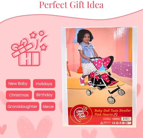 My First Doll Twin Stroller - Cutest Heart Design Doll Twins Stroller - Great Toy Gift for Girls