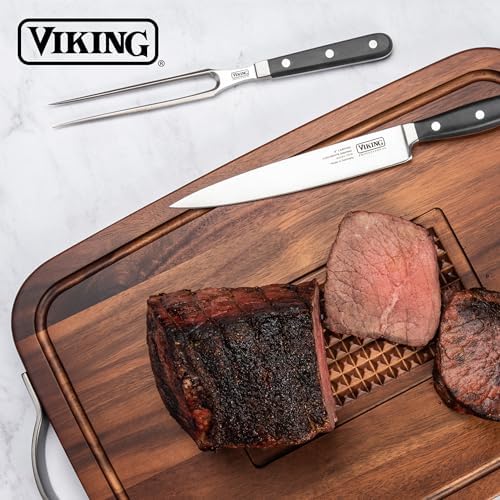 Viking Cutting Board, Acacia Wood Kitchen Butcher Block Carving Board with Juice Groove and Metal Handles, 23 x 14 x 1 Inch