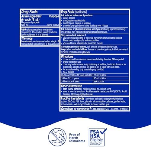 Phillips’ Milk of Magnesia Liquid Laxative, Wild Cherry Flavor, Stimulant Free, Cramp Free Relief of Occasional Constipation*, Effective in 30 minutes - 6 hours, #1 Milk of Magnesia Brand, 26 oz