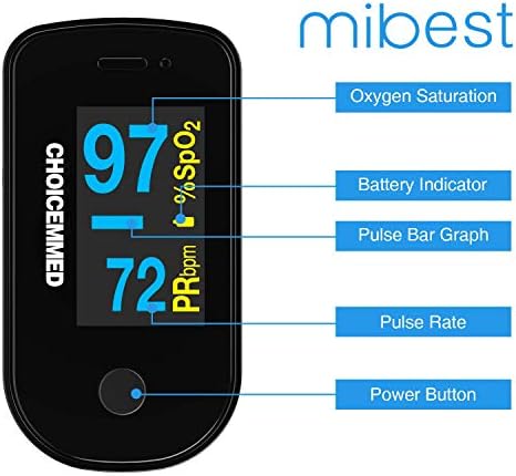 CHOICEMMED Black Dual Color OLED Finger Pulse Oximeter - Blood Oxygen Saturation Monitor with Color OLED Screen Display and Included Batteries - O2